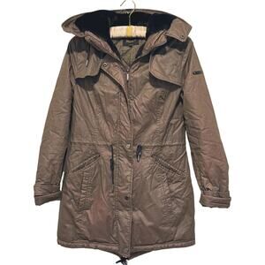 Laundry Shelli Segal Fur Lined Hood Parka Coat Size XS Brown Y2K Cinchable Ski